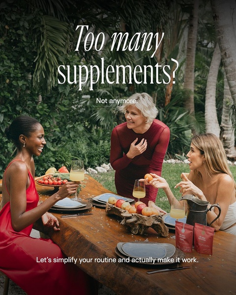 A high-performing lifestyle ad creative that addresses the pain point of overwhelming supplement regimens through an elegant outdoor dining scene.